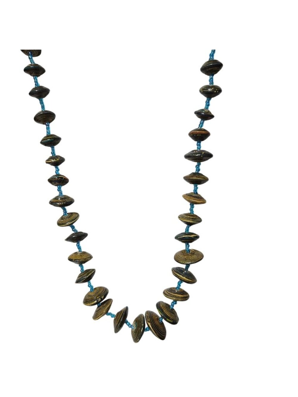 Handmade Paper Disc Bead Necklace Brown Blue Accents Eco Friendly Jewelry Women